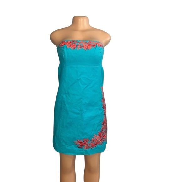 Lilly Pulitzer Bowen Dress Turquoise Coral Embroidered Strapless - Picture 2 of 9